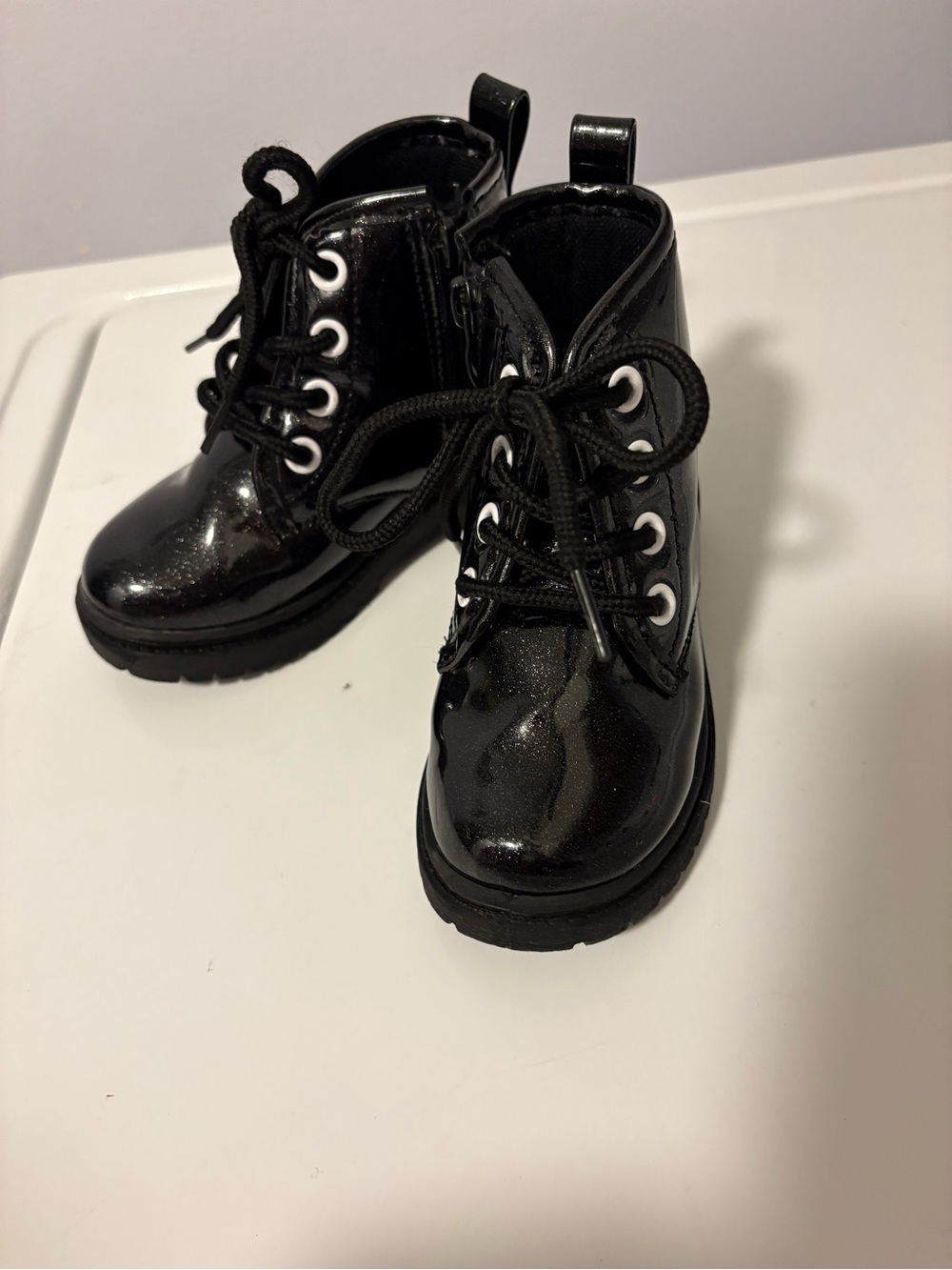 Toddler Tie and Zip Black Shimmer Combat Boots Size 7